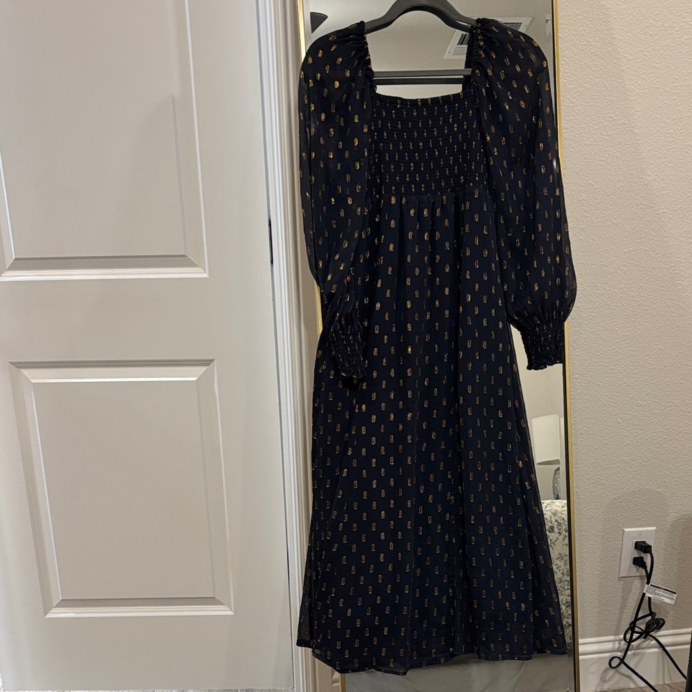 Navy Long Sleeve Smocked Midi Dress with Gold Accent